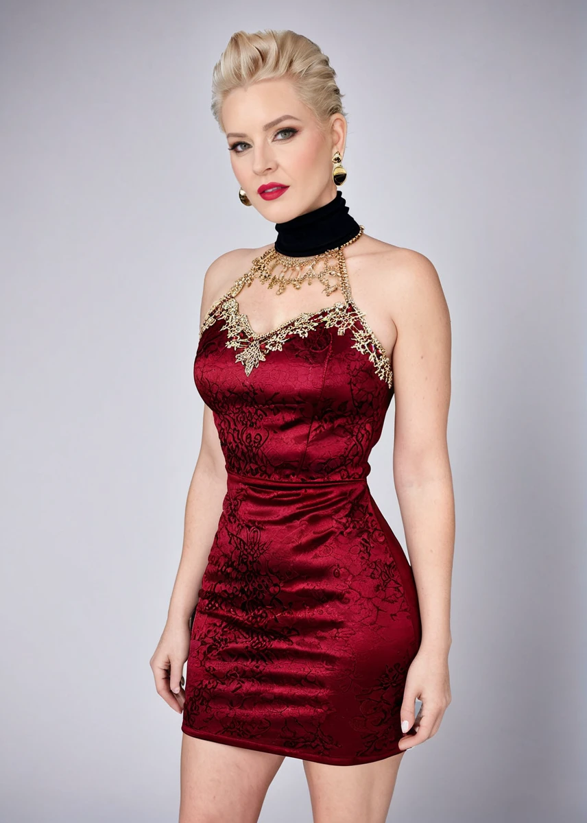 High Fashion, captivating masterpiece of an woman with blonde hair in a ((((neckholder dress with turtleneck)))) ,long earrings, necklace, full body, The intricate lace and gold details exude a very rebellious aura. ((The use of high-shine gloss adds a touch of glamour to the look)), ((while the deep red and black hues give it a dramatic vibe)), blurred background, studio ligthing, facing camera, shallow depth of field, <lora:MS_Bobbi_Shay_V1_SDXL:0.8>, dynamic, dramatic, haute couture, elegant, ornate clothing, High Fashion