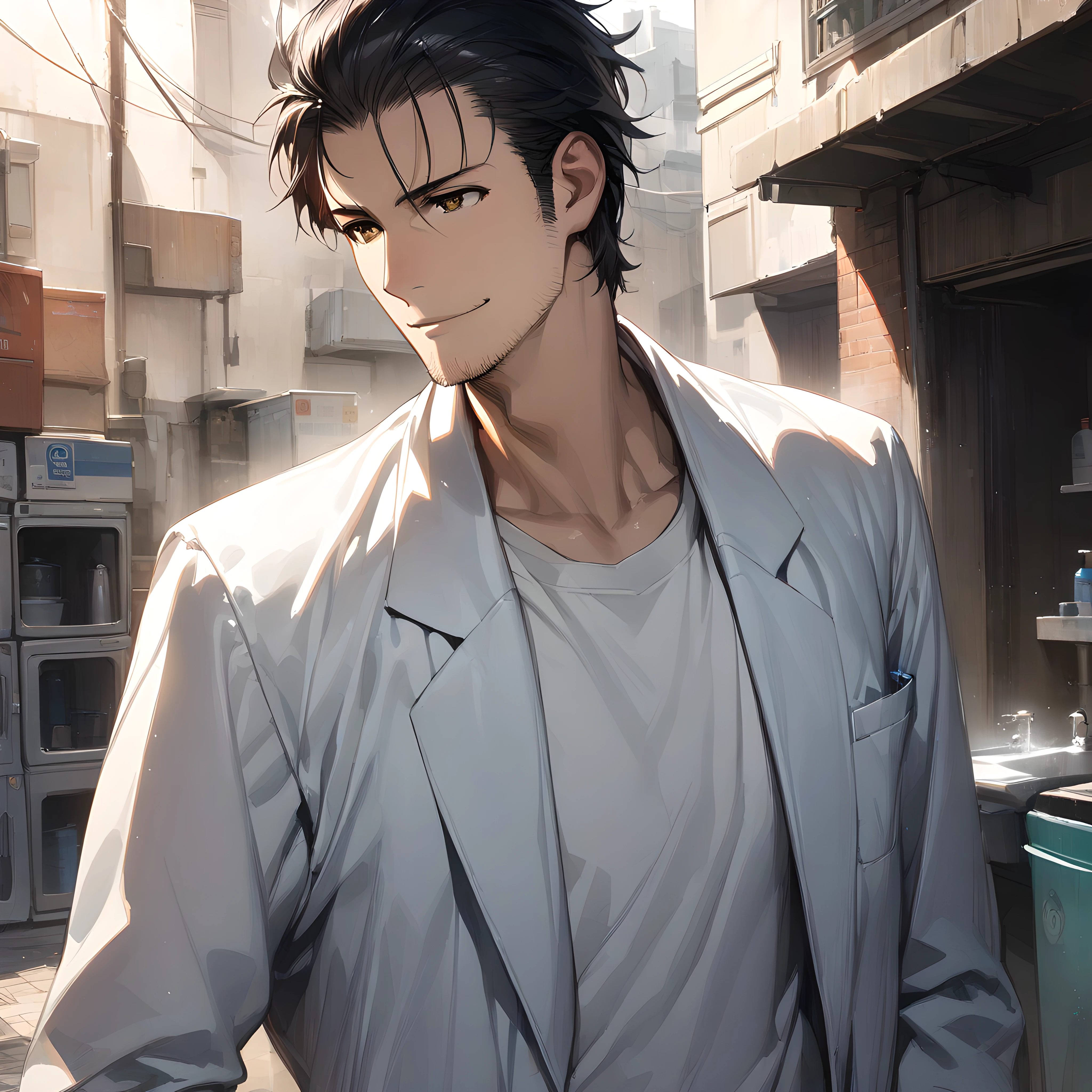 (masterpiece),(best quality),(ultra-detailed),(best illustration),(best shadow),(absurdres),(detailed background),(very aesthetic), okabe rintarou, brown eyes, stubble, black hair, facial hair, labcoat, smile, upper body, 1boy, male focus, solo, alleyway background, washing center, <lora:Okabe_Rintarou:1>