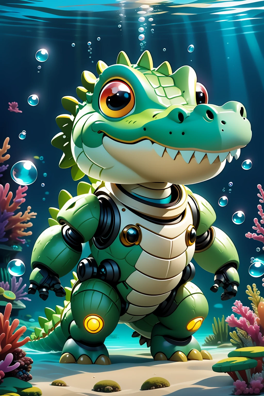 masterpiece,best quality,robotzoo, crocodile mecha, cute, standing, glowing, looking at viewer, solo, full body ,underwater, Bubble,    <lora:robotzoo_v1.4:0.85>