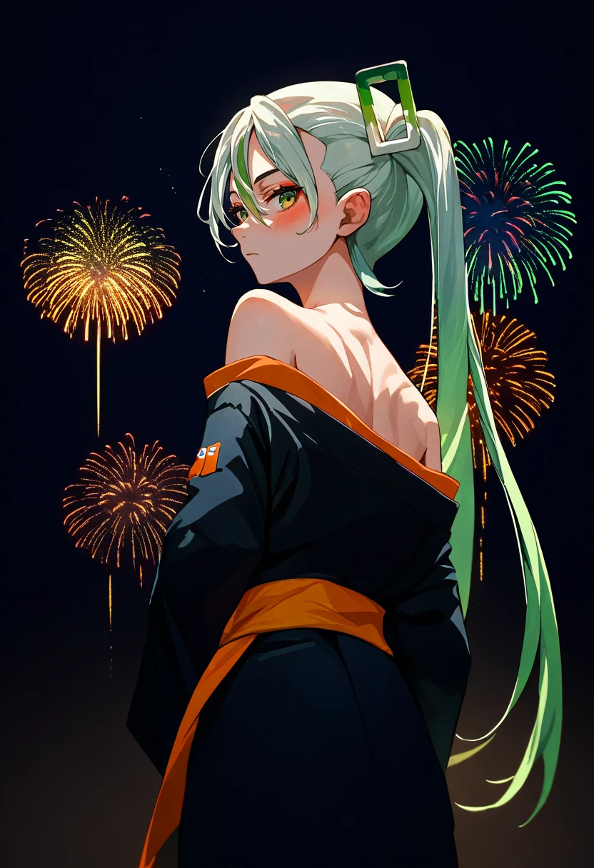 score_9, score_8_up, score_7_up, source_anime, from behind, solo, 1girl, fightingmiku, blush, expressionless, looking back, twintails, green eyes, eyeshadow, black kimono, off shoulder, orange sash, bare shoulders, fireworks <lora:projectvoltage_fightingmiku_ponyXL:1>