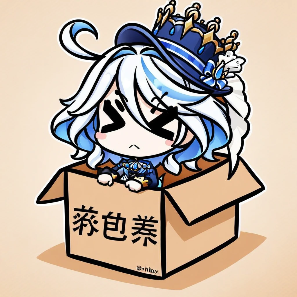 chibi, in-box, > <,masterpiece,best quality, 1girl, furina,blue hat,