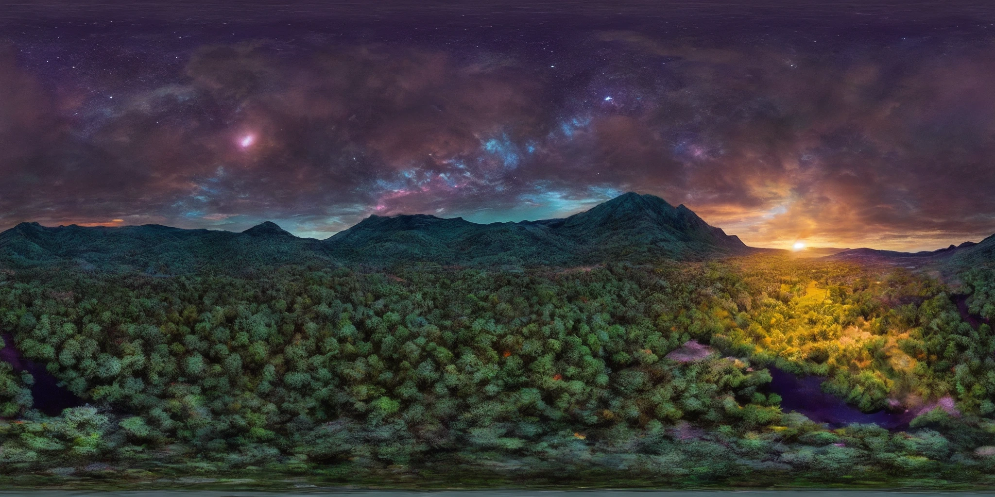 360panorama,No seams,Generate an enchanting and surreal depiction of a world locked in perpetual twilight. Picture a captivating landscape where the boundaries between day and night blur into an everlasting twilight. The sky should be a mesmerizing blend of deep blues and soft purples,with a faint,ethereal glow on the horizon. Show a mystical terrain,featuring delicate,bioluminescent flora and fauna that illuminate the landscape with gentle,otherworldly radiance. Let the scene emanate a sense of tranquility,mystery,and a touch of magic. Focus on intricate details and realism to create an image that transports viewers to this captivating twilight realm,<lora:360èªæ-V1.4:1>,