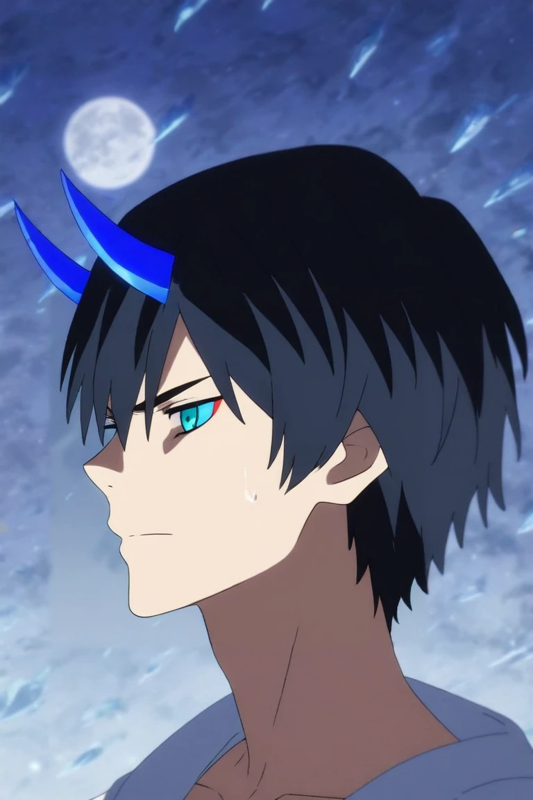 score_9, score_8_up, score_7_up, source_anime, rating_safe, , (realistic:0.6), , depth of field, 1boy, solo, male focus, <lora:hiro_franxx_pony:0.76>, hiro_franxx, black hair, blue eyes, bangs, blue horns, oni horns, profile, cold, ice, night, full moon, victory pose, angry, , <lora:sdxl_lightning_8step_lora:1>