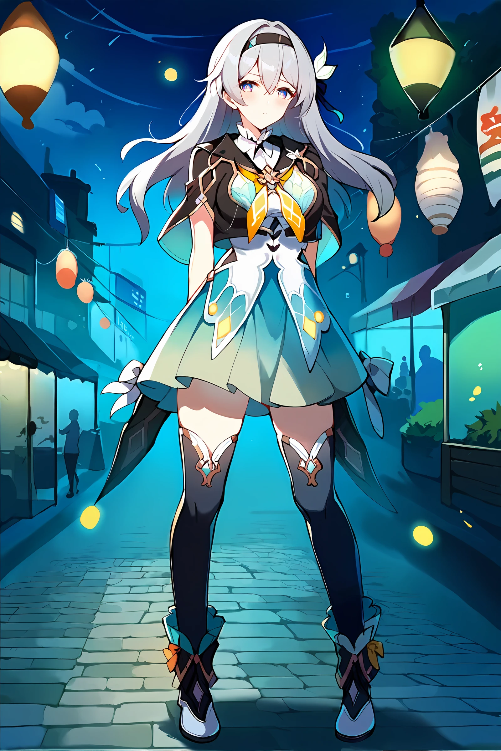 score_9, score_8_up, score_7_up, 1girl, firefly \(honkai: star rail\), solo, black thighhighs, hairband, gradient skirt, hair ornament, blouse, frilled collar, frilled boots, cropped jacket, yellow neckerchief, full body, standing, street, night, bokeh, market, looking at viewer, blush, pout, arms behind back <lora:Char-HonkaiSR-Firefly-V1-Pony:0.9> <lora:Expressive_H:0.3> <lora:YaegashiNan-v1-PDXL:0.7>