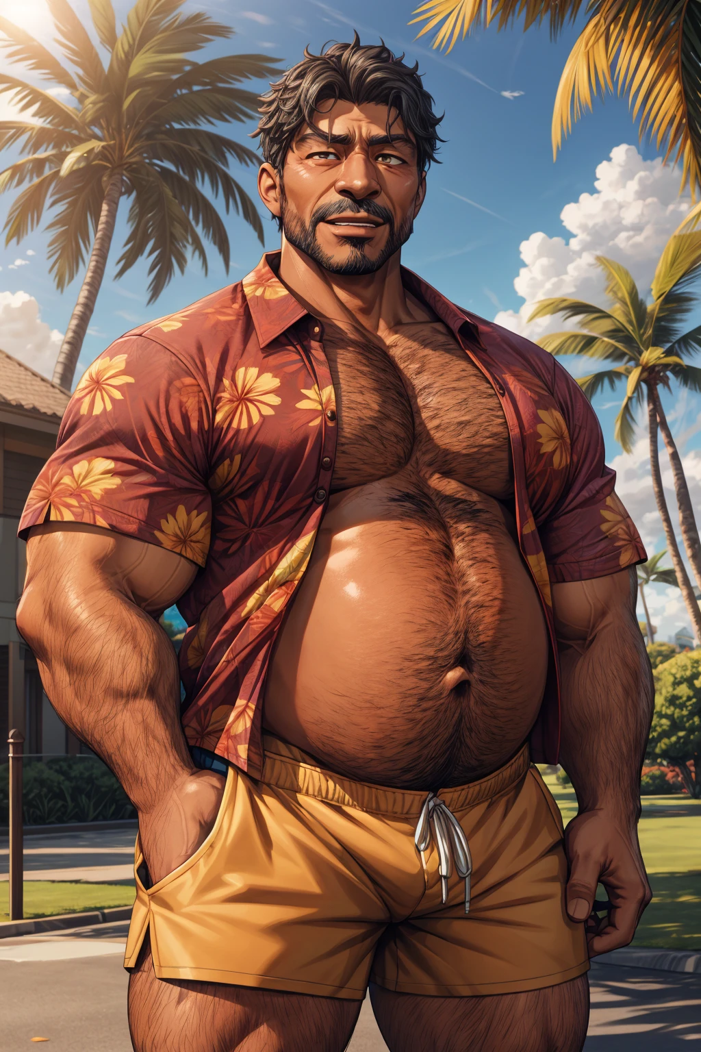 raymond_hyungry, mature man, muscular, belly, daddy, hairy, dark skin, looking at you, open hawaiian shirt, shorts, park, house, daylight,best quality<lora:EMS-93-EMS:1.000000>, <lora:EMS-377399-EMS:0.600000>