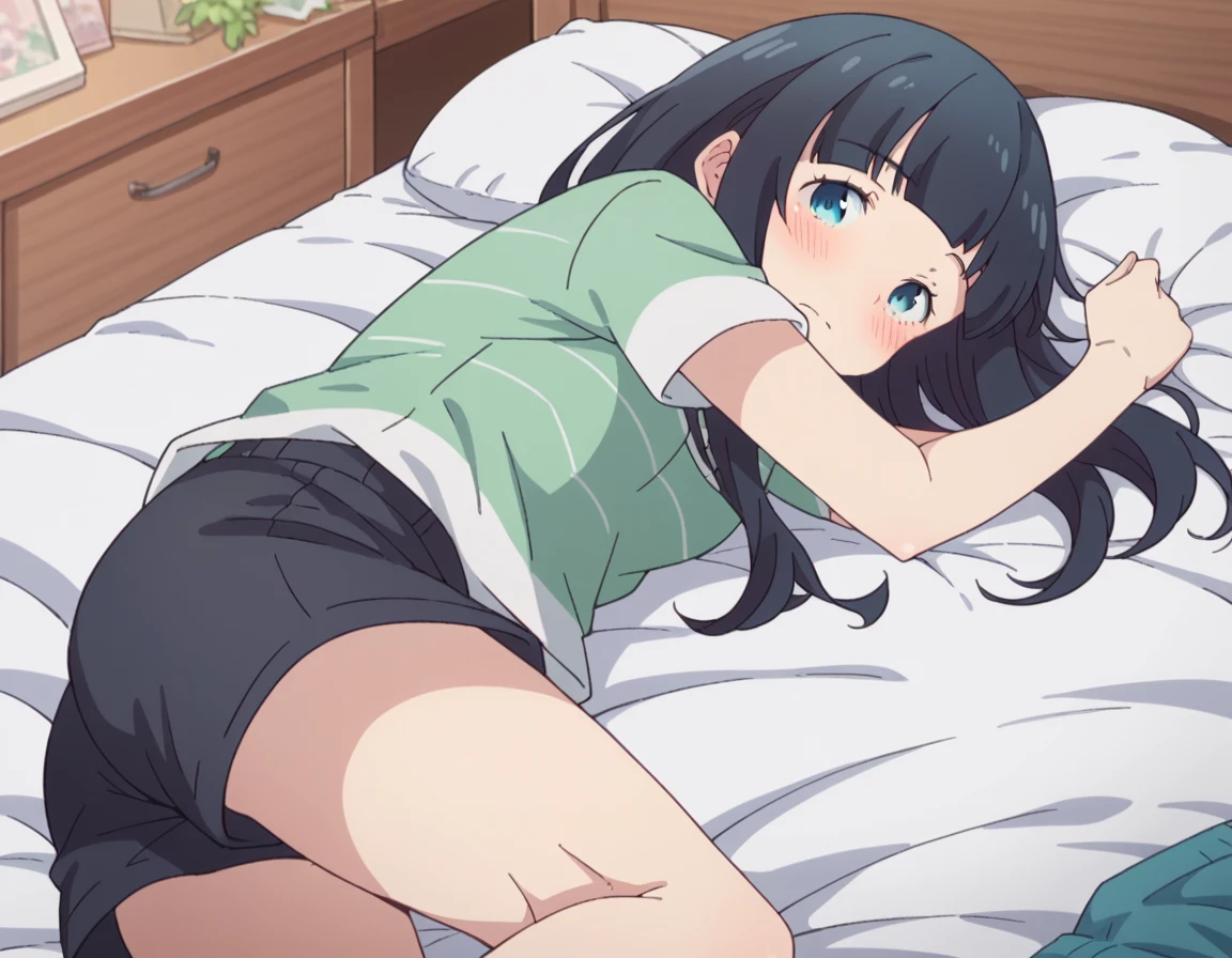 (masterpiece, best quality), highly detailed background, perfect lighting, best quality, batogakurumi, solo, looking at viewer, looking back, blush, smile, open mouth, green hair, swept bangs, long hair, green eyes, large breasts, collared shirt, green shirt, short sleeves, white belt, blue shorts, indoors, cabin, sitting, on bed, bedroom,