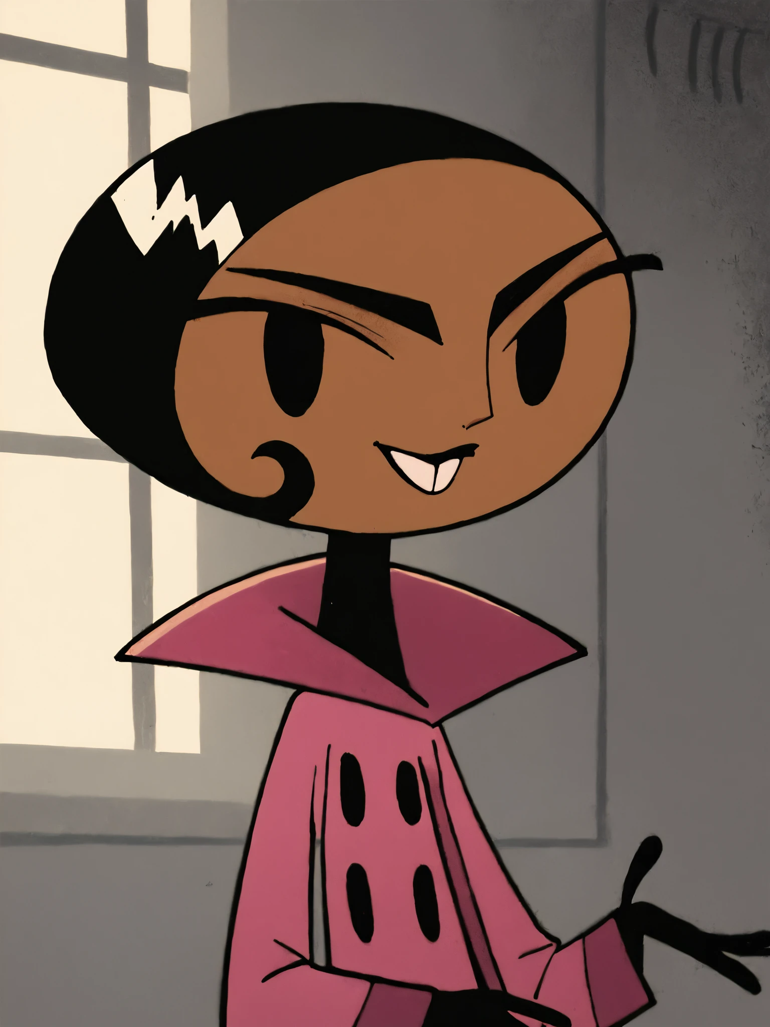 <lora:BritPony1.3:1> brit, solo, 1girl, black hair, short hair, dark-skinned female, black eyes, pink jacket,black,black gloves, buttons,buck teeth,upper body, score_9, score_8_up, score_7_up, score_6_up, score_5_up, score_4_up, smile, indoors, looking at viewer,