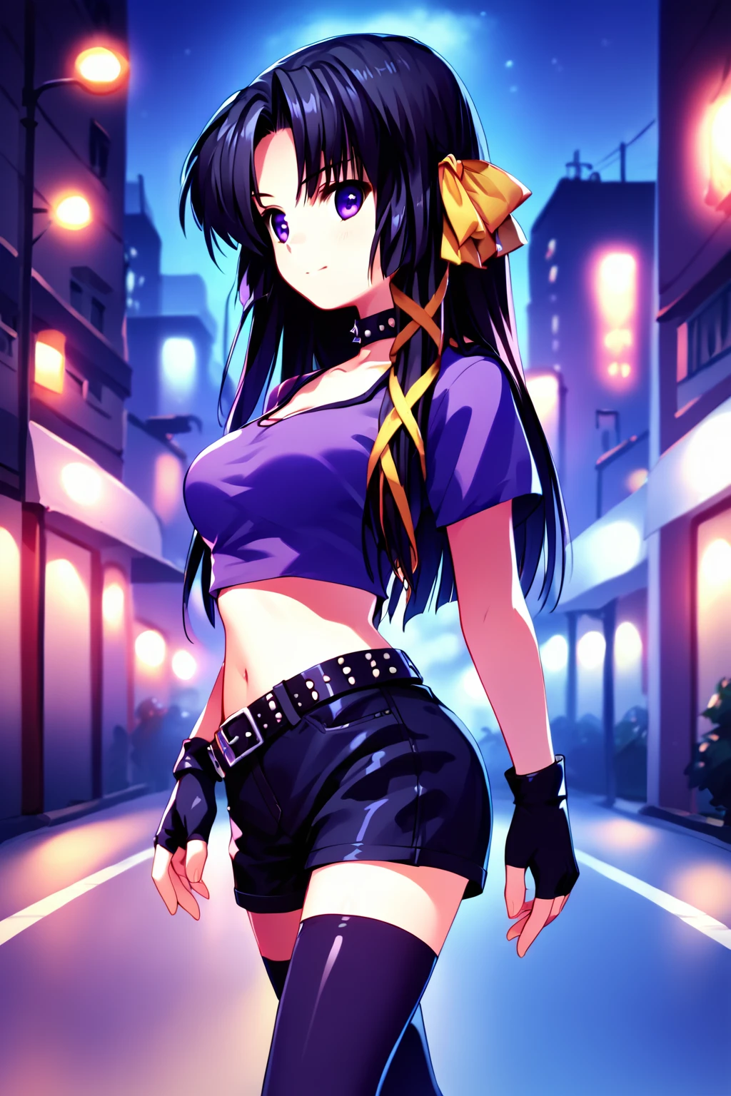 score_9, score_8_up, score_7_up, score_6_up, rating_safe, source_anime, best quality, masterpiece, detailed background, detailed eyes, city streets, night, nighttime, purple crop top, midriff, black miniskirt, studded belt, studded thighboots, black fingerless gloves, studded choker, walking, from side view, sexy, <lora:kurugaya-yuiko-xl-06:1.2>, kurugaya yuiko, black hair, purple eyes, medium breasts, full breasts, black stockings,