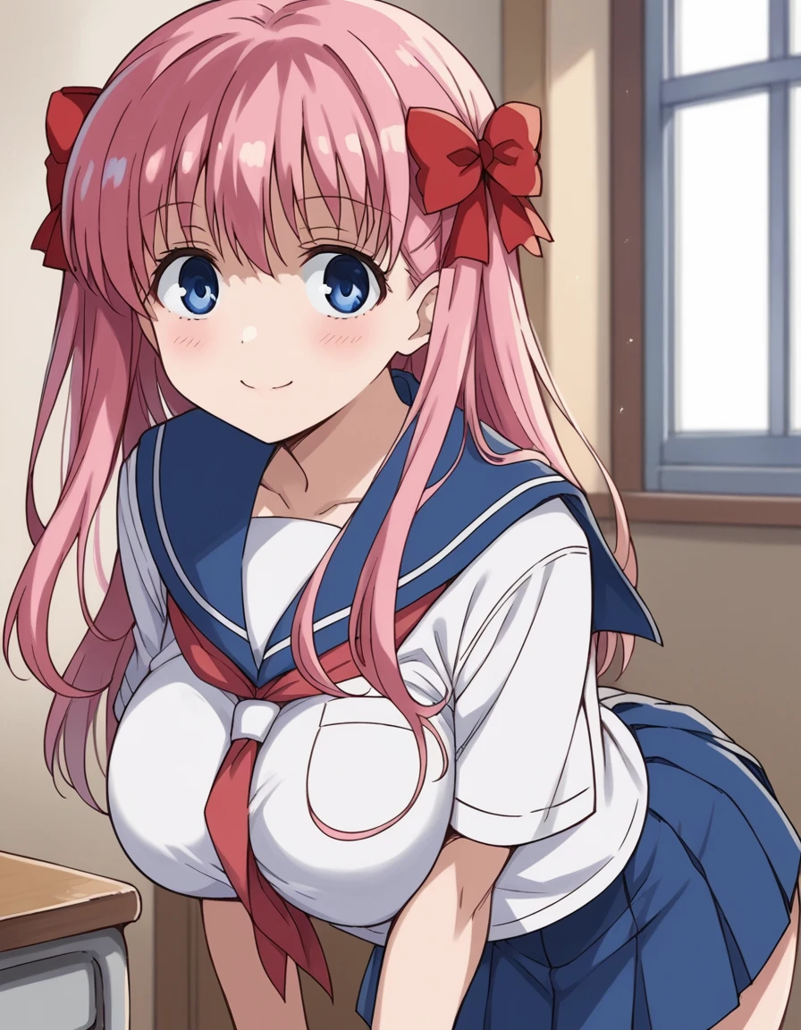 score_9, score_8_up, score_7_up, source_anime,
nodokaharamura, <lora:nodoka-haramura-s1-ponyxl-lora-nochekaiser:1>,
nodoka haramura, blue eyes, hair bow, long hair, pink hair, bow, large breasts,
blue skirt, kiyosumi school uniform, pleated skirt, school uniform, serafuku, skirt,
indoors, classroom, bent over, smile,
solo, looking at viewer, cowboy shot, dutch angle,