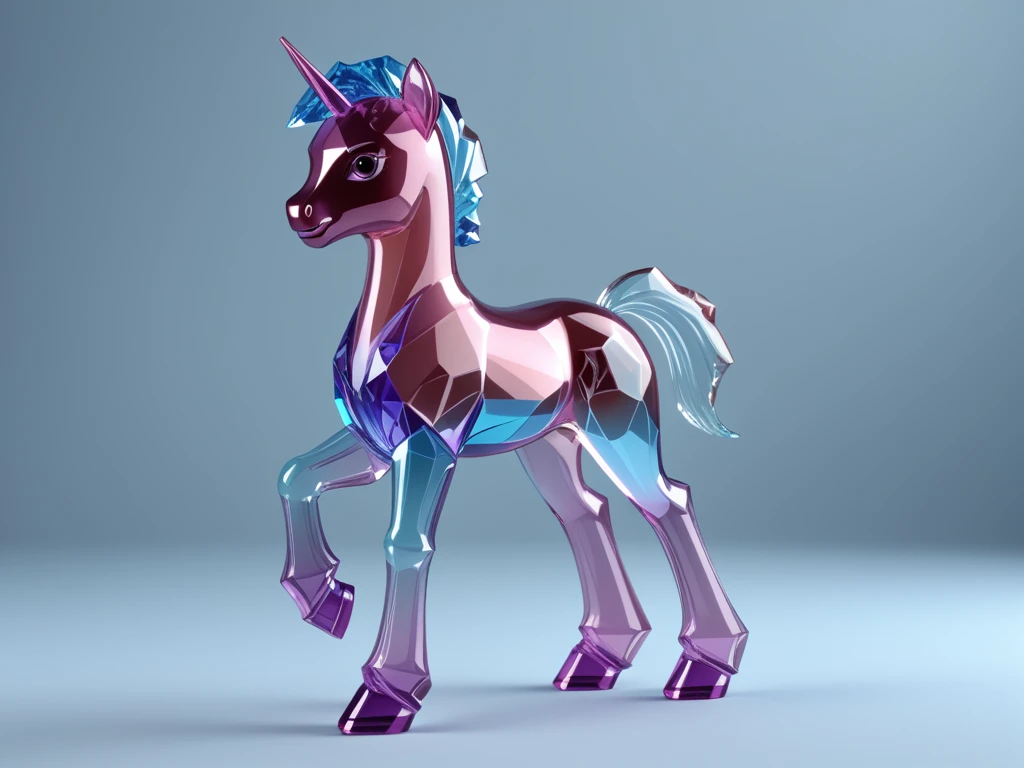 (crystal pony:1.1), (pony figure made of crystal:1.1), see-through, clear crystal, fractal style, 3d fractal, sharp, shiny, reflective, refraction, light colored shades, 3d render, octane render, pony