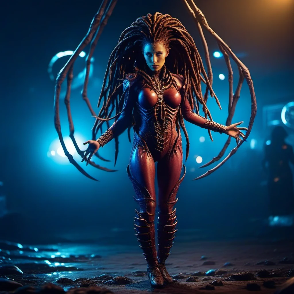 cinematic photo a full body science fiction monster woman, dreadlocks, spaceship<lora:InfestedKerrigan1024:0.8> . 35mm photograph, film, bokeh, professional, 4k, highly detailed