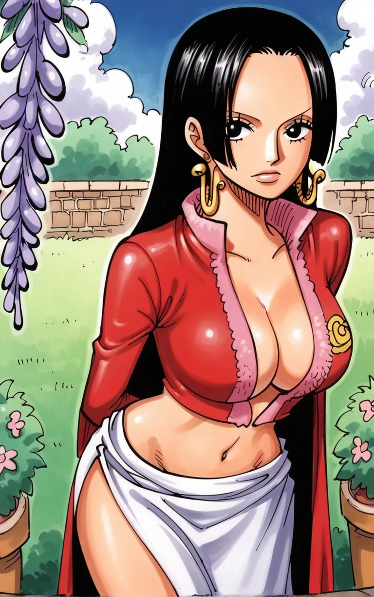 score_9, score_8_up, score_7_up, looking at viewer, BREAK
ARTSTYLE_OnePiece_MangaColored_ownwaifu,
1girl, boa hancock, large breasts, long hair, black hair, jewelry, earrings, midriff, cape, cleavage, long legs, navel, side slit, crop top, no bra, black eyes, groin,
(leaning forward, arms behind back), cowboy shot, garden, wisteria, outdoors, <lora:PONYXL_OnePiece_MangaColored_ownwaifu:0.85> , depth of field, solo,
