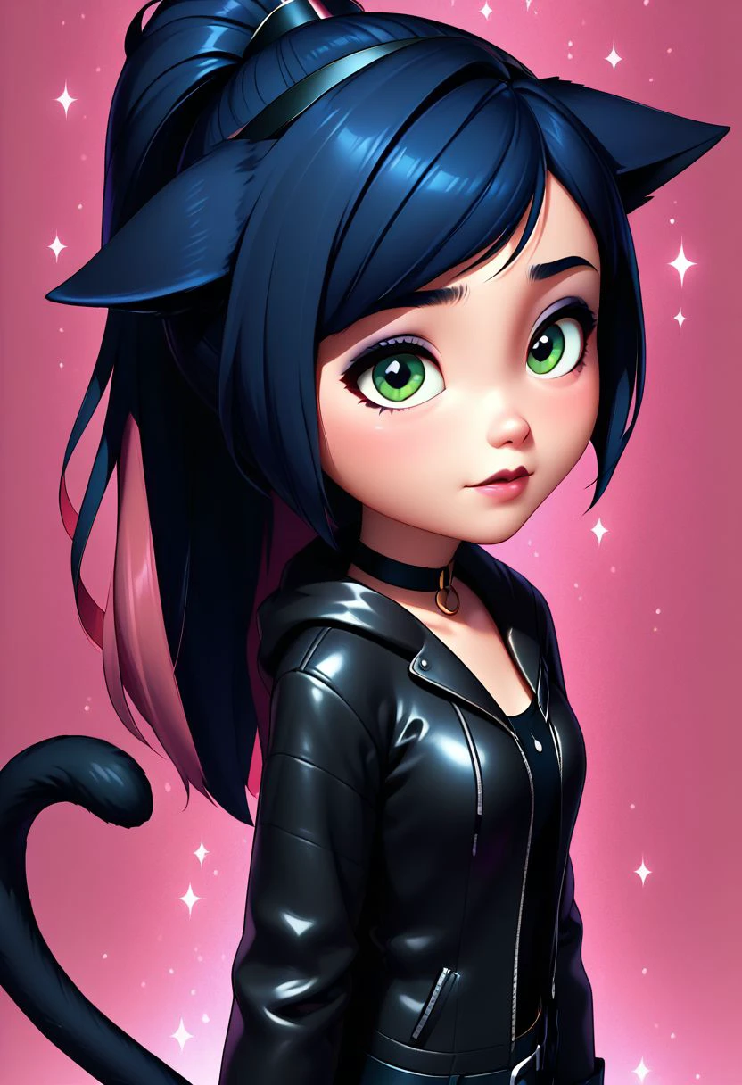 (score_9, score_8_up:1.1), score_7_up,pink theme background,glitter,sparkles,shiny,1girl, Live - action adaptation of a 3d character of violetparr,  1girl, solo, 
BREAK,
patJessica, cat ears, ponytail, green eyes, multicolored hair, cat girl, blue hair, black hair, cat tail, long hair, patJessica, cat ears, ponytail, green eyes, multicolored hair, cat girl, blue hair, black hair, cat tail, long hair,   choker, black jacket, 
BREAK, 
goth girl, charming face, cool expression, blushing, leather jacket, choker, cross, goth clothes, fishnet,