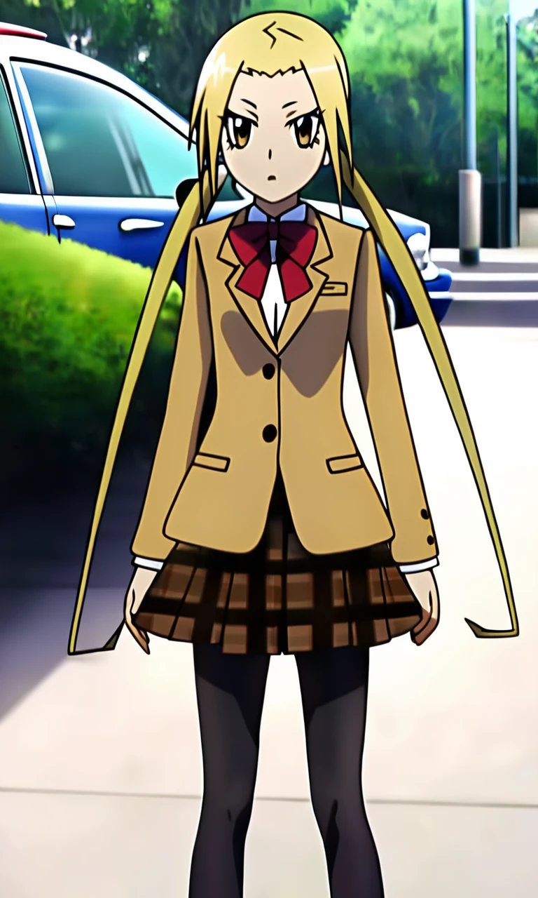 cinematic photo Hagimura_Suzu, 1girl, solo, long hair, looking at viewer, skirt, blonde hair, bow, twintails, brown eyes,petite, school uniform, jacket, yellow eyes, pantyhose, plaid, black pantyhose, plaid skirt, blazer, outside, sky ,high quality,masterpiece,animestyle, highress . 35mm photograph, film, bokeh, professional, 4k, highly detailed