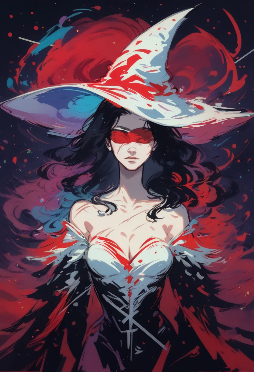 score_8_up, sketch, woman, solo, black hair, red blindfold, scar, white witch hat, red lining, holding staff, seductive, cleavage, abstract, purple abstract background, particles, dust, colorful <lora:NoctAbstract:1>