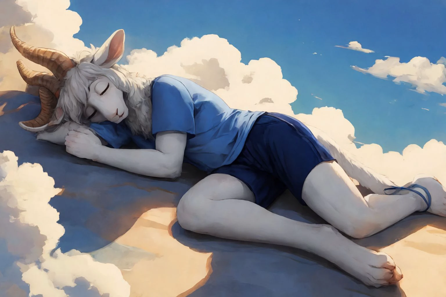 pina, beastsars, dall sheep, anthro, full body, on side:1.3, blue t-shirt, shorts, <lora:Pina-17:0.7>, sleeping,  smile, high angle, curled up, in sky, fantasy:0.5,
sleeping on a cloud:1.3, fluffy clouds, sky, tail:0.5,