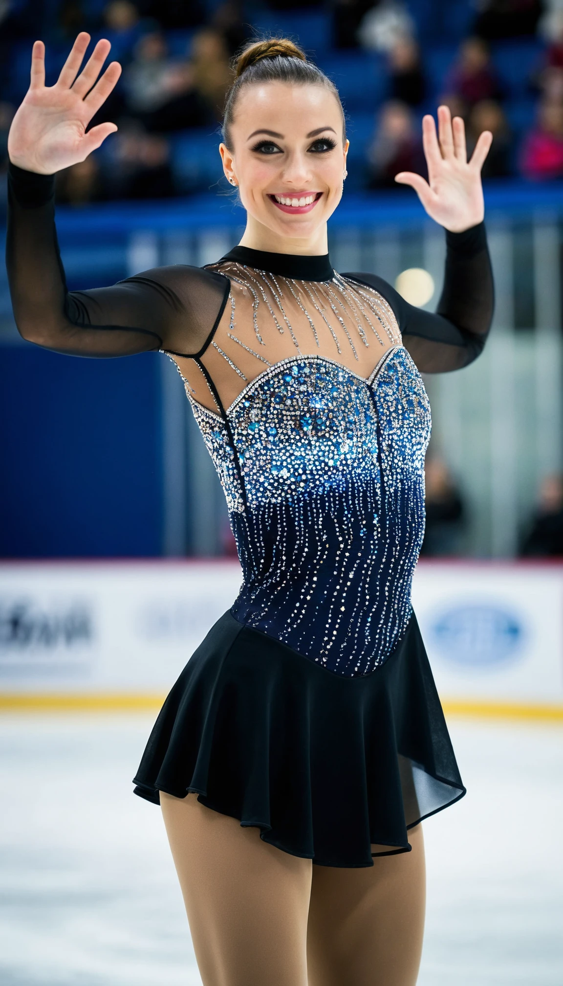 DSLR,woman,1girl,23 years old,figure skating dress,half body,smiling,sleek dress,rhinetones,long sleeves,slick fabric,paneled dress,flattering bodice,sports editorial,see through,makeup,[fish eye lens],ombre,candid,arena,skating rink,arms outstretched
<lora:figureskatingdress_v14:0.4>