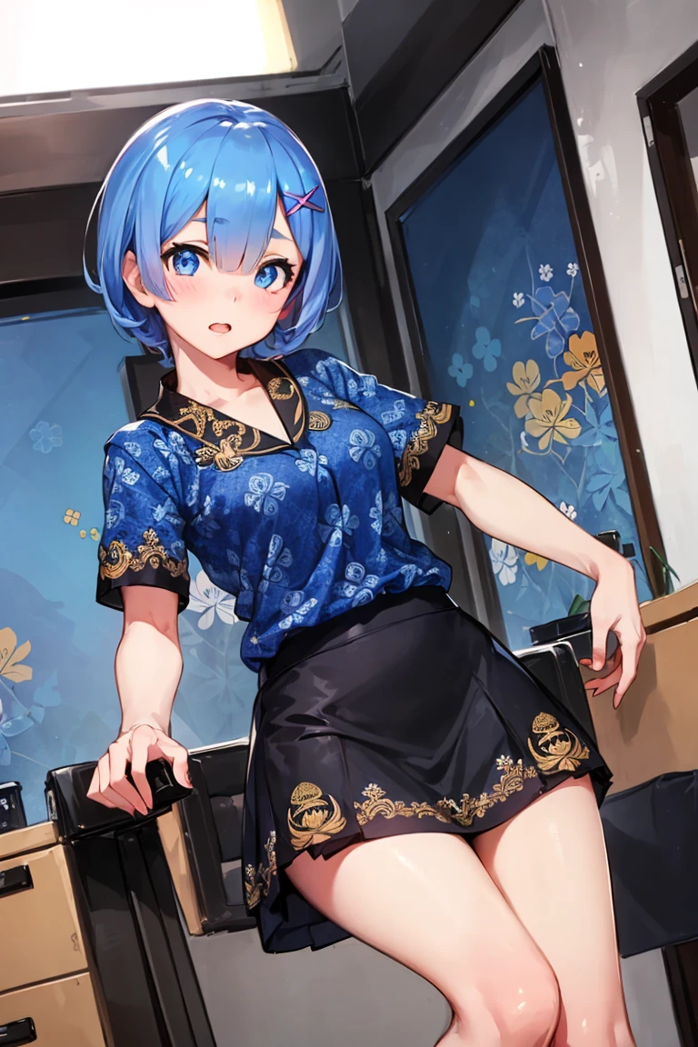 (((masterpiece))), (((best quality))),  1girl, rem(\rezero\), batik-kopri, blue shirt, form fitting, looking at viewer, mini skirt, black skirt, short sleeves,  amazing intricate finely detailed, office background, bokeh dynamic poses, dynamic angle, <lora:batik-kopri:0.8>