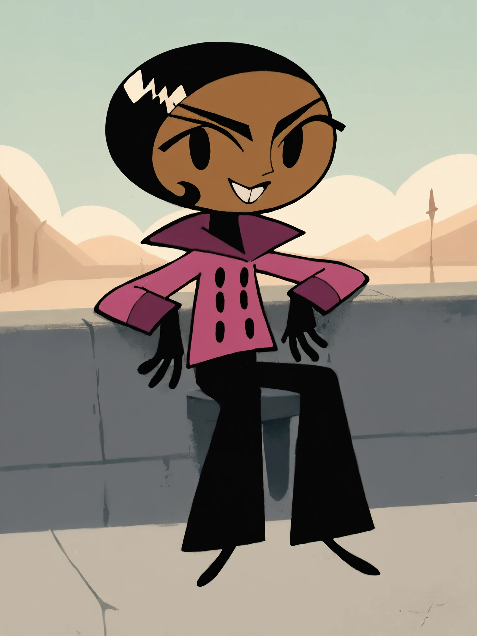 <lora:BritPony1.3:1> brit, solo, 1girl, black hair, short hair, dark-skinned female, black eyes, pink jacket, black pants,black,black gloves, buttons,black footwear,buck teeth, score_9, score_8_up, score_7_up, score_6_up, score_5_up, score_4_up, smile, outdoors, looking at viewer,