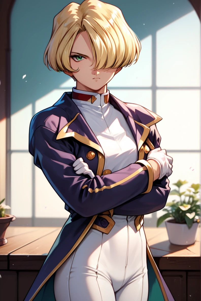 score_9, score_8_up, score_7_up, very aesthetic, source_anime, detailed, high quality, beautiful, masterpiece, detailed eyes,
indoor, blurry background,
<lora:lightXL:0.8>
cowboy shot, upper body, 
hand on own arm, looking at viewer, serious,
<lora:Sakura Wars_XL_PONY_V2.1:0.8>maria tachibana
<lora:maria_autismConfetti_v02:0.9>
mariasuit, blonde hair, hair over eye, green eye, short hair, coattails, black purple collared jacket,  white pants, long sleeves, white gloves, tight pants,, zPDXL