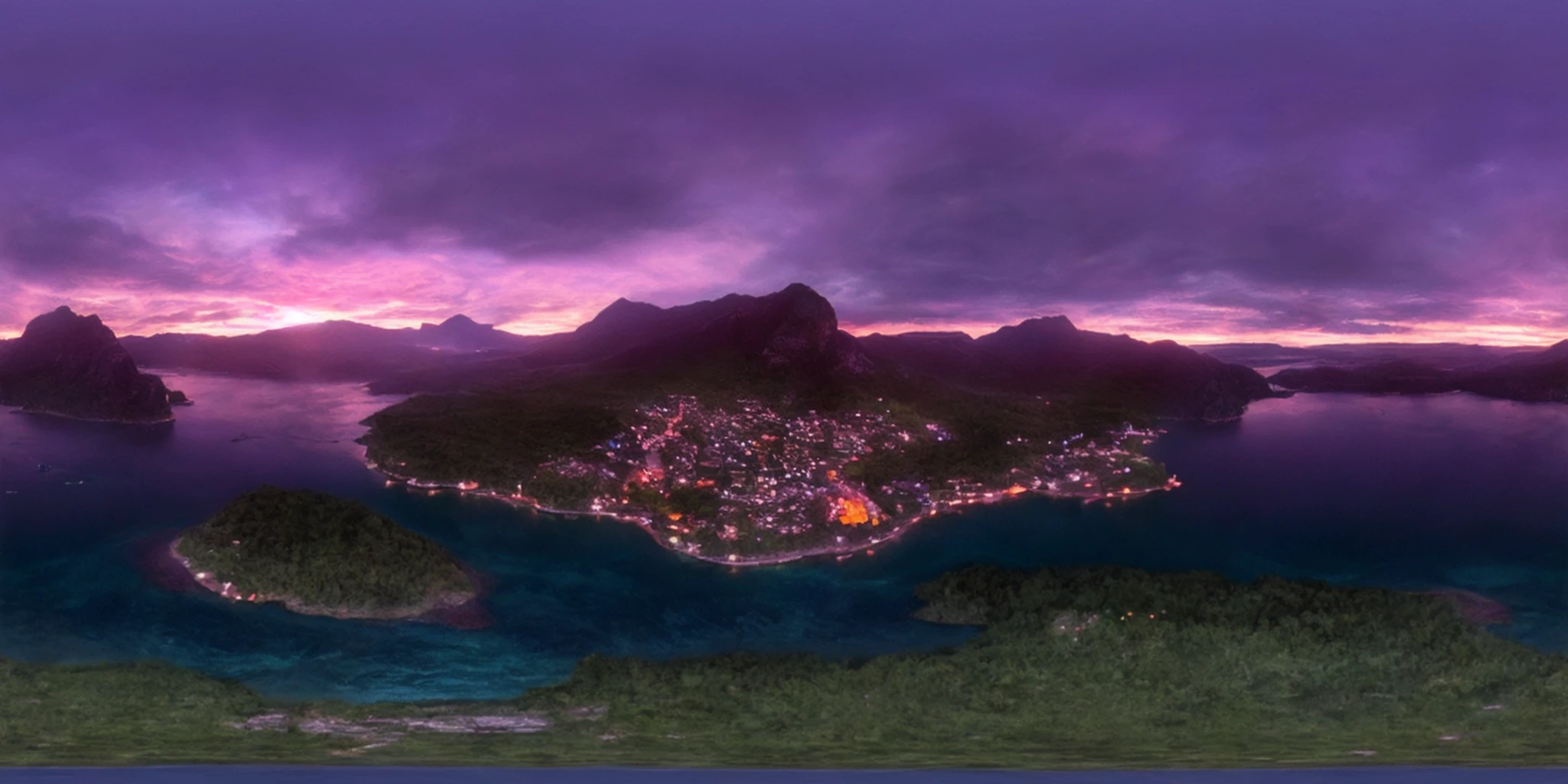 360panorama,No seams,Generate an enchanting and surreal depiction of a world locked in perpetual twilight. Picture a captivating landscape where the boundaries between day and night blur into an everlasting twilight. The sky should be a mesmerizing blend of deep blues and soft purples,with a faint,ethereal glow on the horizon. Show a mystical terrain,featuring delicate,bioluminescent flora and fauna that illuminate the landscape with gentle,otherworldly radiance. Let the scene emanate a sense of tranquility,mystery,and a touch of magic. Focus on intricate details and realism to create an image that transports viewers to this captivating twilight realm,<lora:360èªæ-V1.4:1>,
