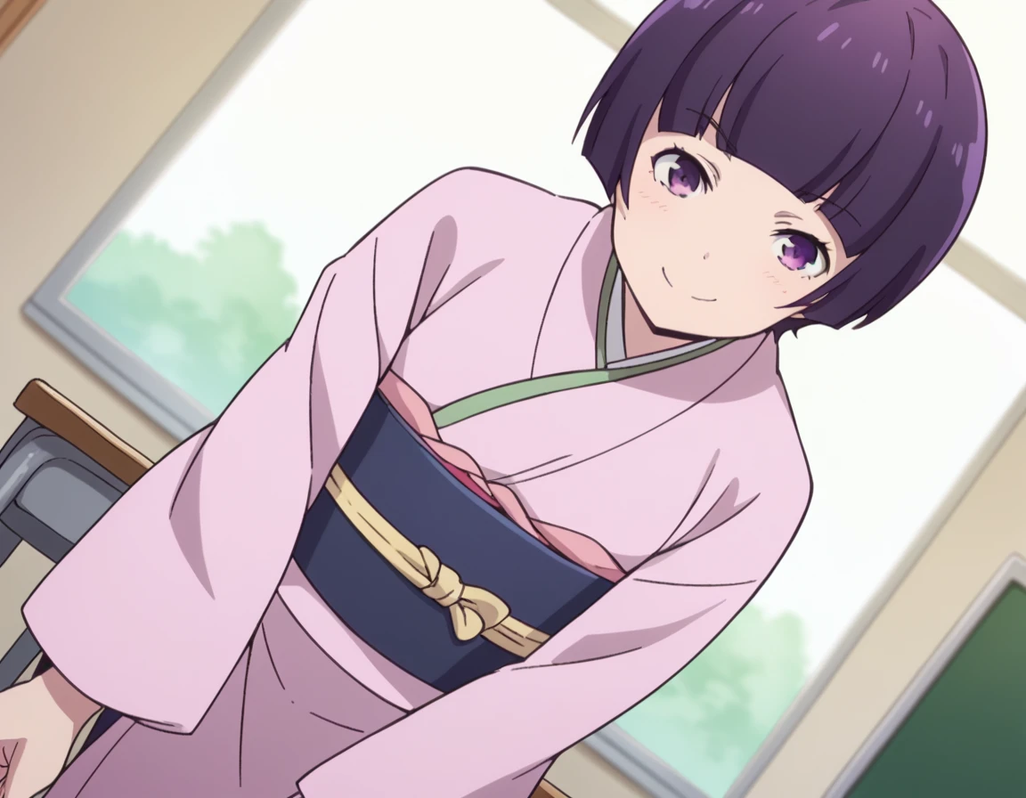 score_9, score_8_up, score_7_up, source_anime,
muramasasenju, <lora:muramasa-senju-s1-ponyxl-lora-nochekaiser:1>,
muramasa senju, short hair, bangs, purple eyes, purple hair, blunt bangs,
japanese clothes, wide sleeves, kimono, sash, obi, pink kimono,
indoors, classroom, bent over, smile,
solo, looking at viewer, cowboy shot, dutch angle,