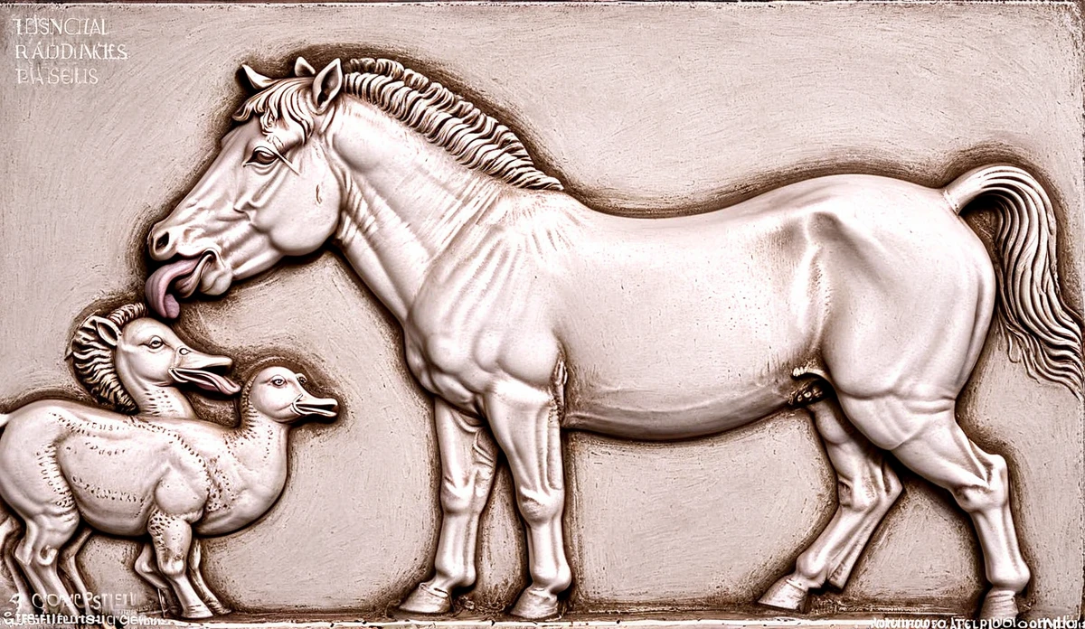 Bas-relief of a pony licking on a Duck, <lora:Bas-relief:1> <lora:licking:1>
