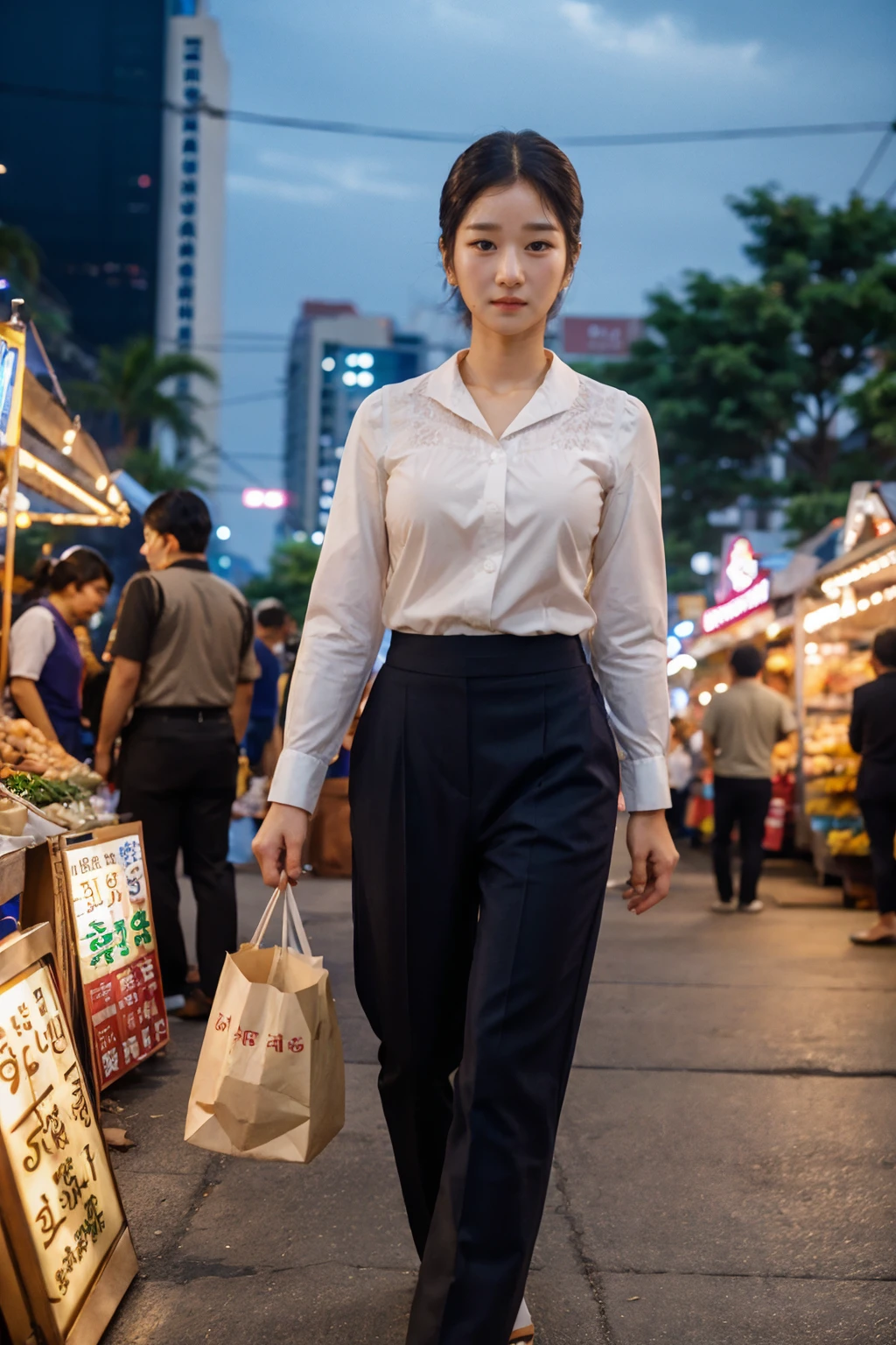 SeoYeji <lora:SeoYeji:1>, ,a woman wearing blouse and slacks, street market, (candlelight:0.5)