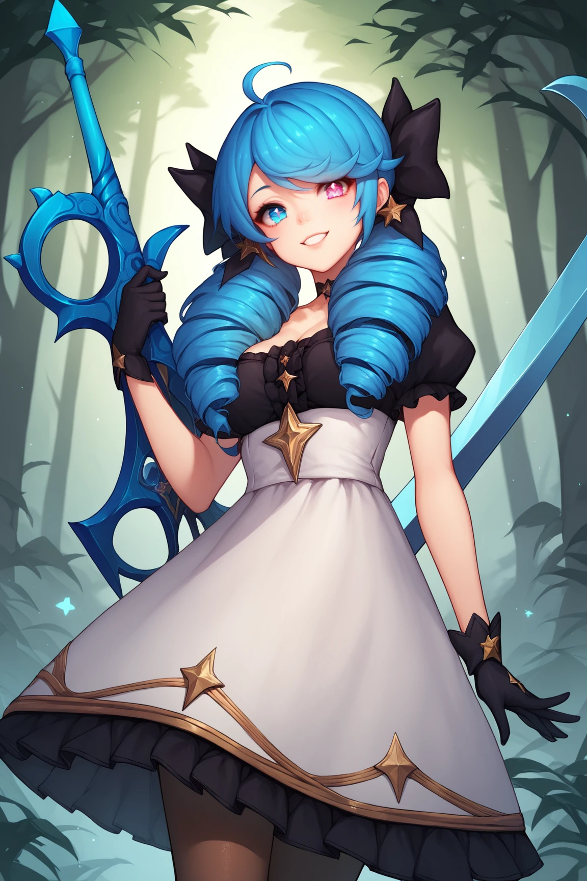 score_9, score_8_up, score_7_up, score_6_up, score_5_up, score_4_up, GwenLoLXL, blue eye, heterochromia, symbol-shaped pupil, star (symbol), blue hair, drill hair, hair bow, black bow, trwin drills, twintails, long hair, bangs, ahoge, medium breasts, puffy short sleeves, white dress, black gloves, pantyhose, scissors, holding scissors, oversized object, standing, seductive smile, looking at viewer, forest, tree <lora:GwenLoLXL:0.7>