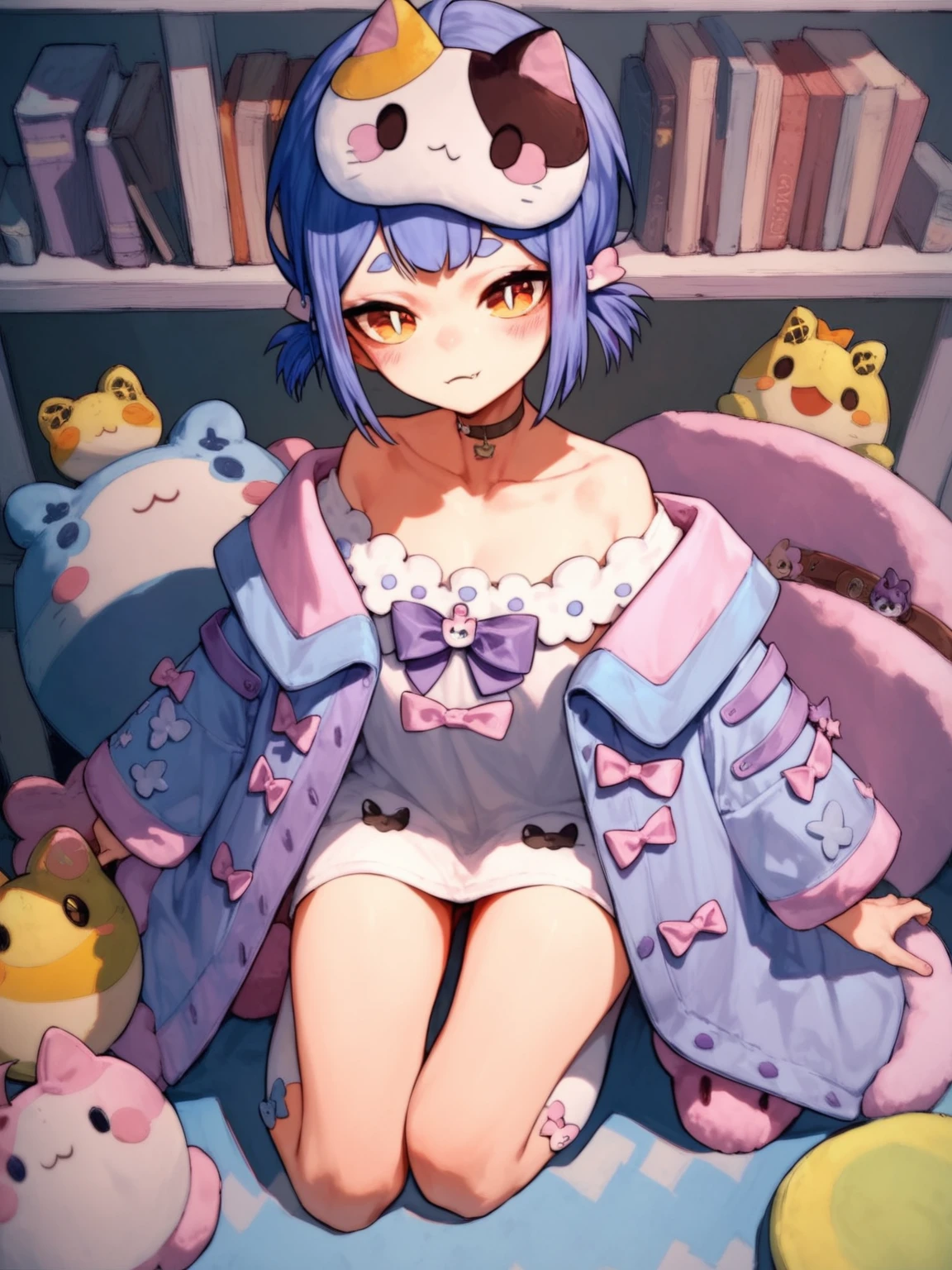 (score_9,score_8_up,score_7_up,),<lora:wazi2:0.9>,wazi,solo,virtual youtuber,short hair,socks,blue hair,bow,kneehighs,twintails,facing viewer,animal on head,purple hair,choker,hair ornament,fang,collarbone,animal slippers,blush,coat,