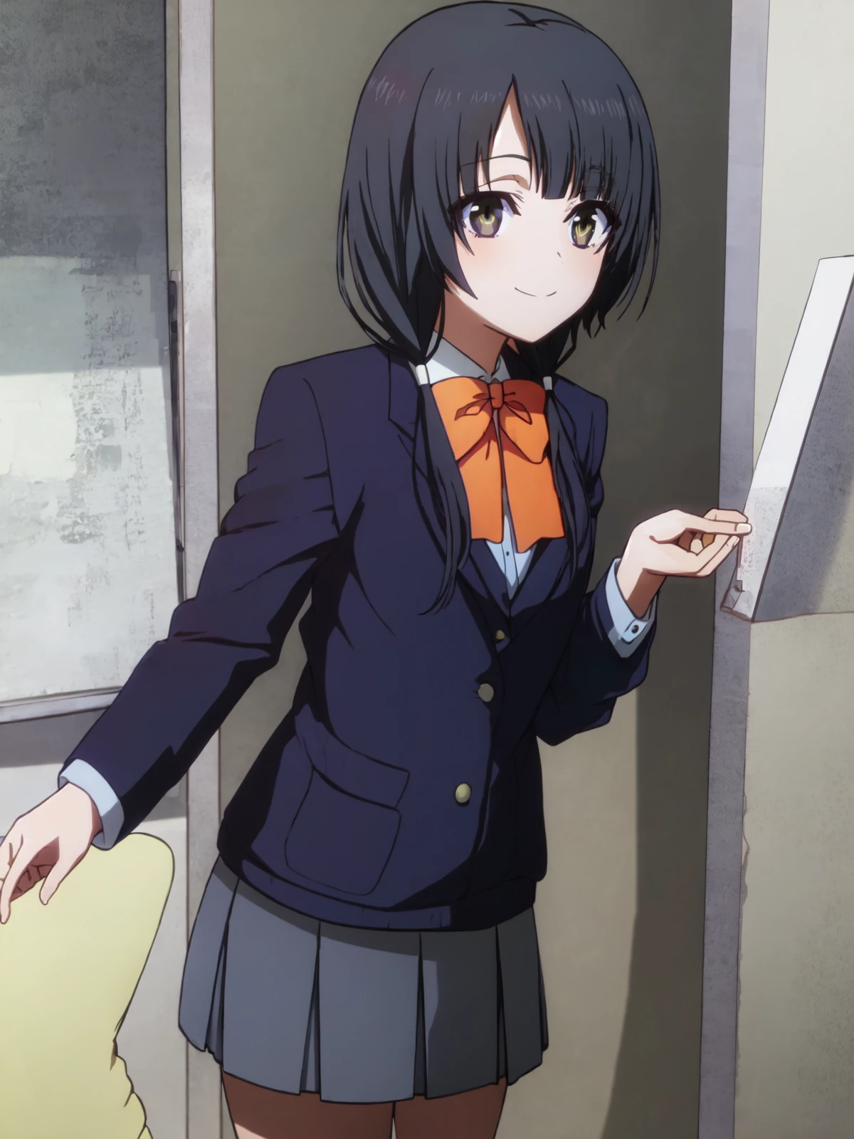 SLE, mksks style, detailed background SLE, mksks style, detailed background absurdres, highres, cowboy shot, solo, 1girl, <lora:Ema Yasuhara (SHIROBAKO):1>, ema yasuhara, high school 1, standing, smile, blush, looking at viewer, classroom, school, indoors, chalkboard, sunlight