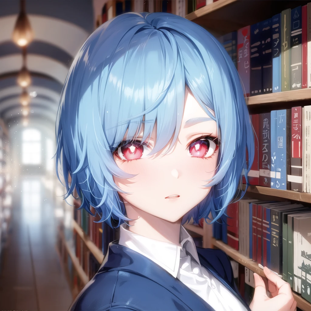 <lora:SlimesShiaV1.1-000001:1>, blue hair, short hair, white highlights, red eyes, symbol-shaped pupils, library background, masterpiece