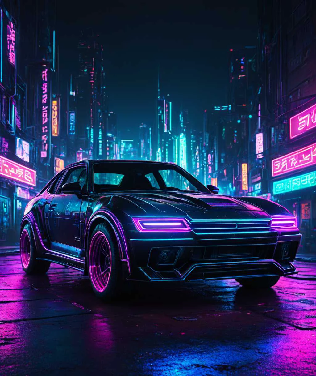 a car, neon lights, cyberpunk, realism, detailed