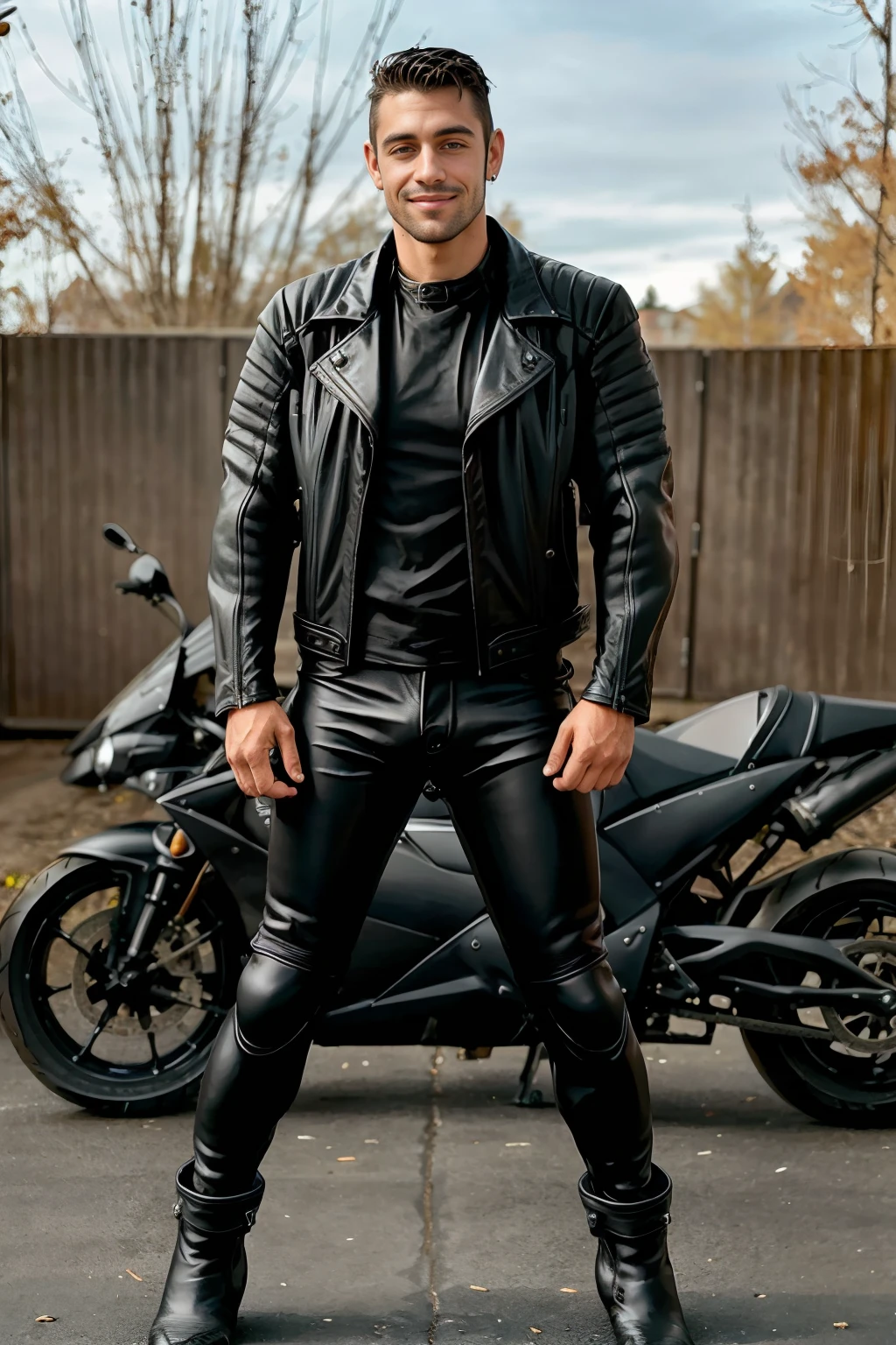 in front of a garage on a driveway, (standing beside a motorcycle:1.5), suave smile, DanteColle, wearing  (black leather jacket:1.3), (solid black leather pants:1.3), boots, (((full body portrait))), wide angle  <lora:DanteColle:0.8>