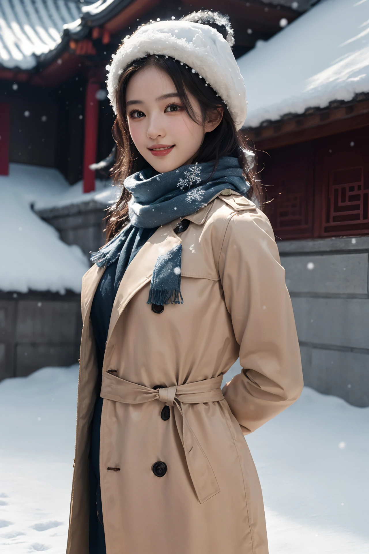 (4k, best quality, highres, absurdres, masterpiece:1.21), (realistic:1.331), detailed and intricate, 
cinema light, (authentic skin texture:1.3), 
1girl, perfect body, medium breasts, shiny skin, 
light smile, arms behind back, 
scarf, trench_coat, 
chinese style architecture, snowing, snowflakes, winter, lamp, 
<lora:add_detail:0.3>, <lora:girlslike_lyf20:0.7>