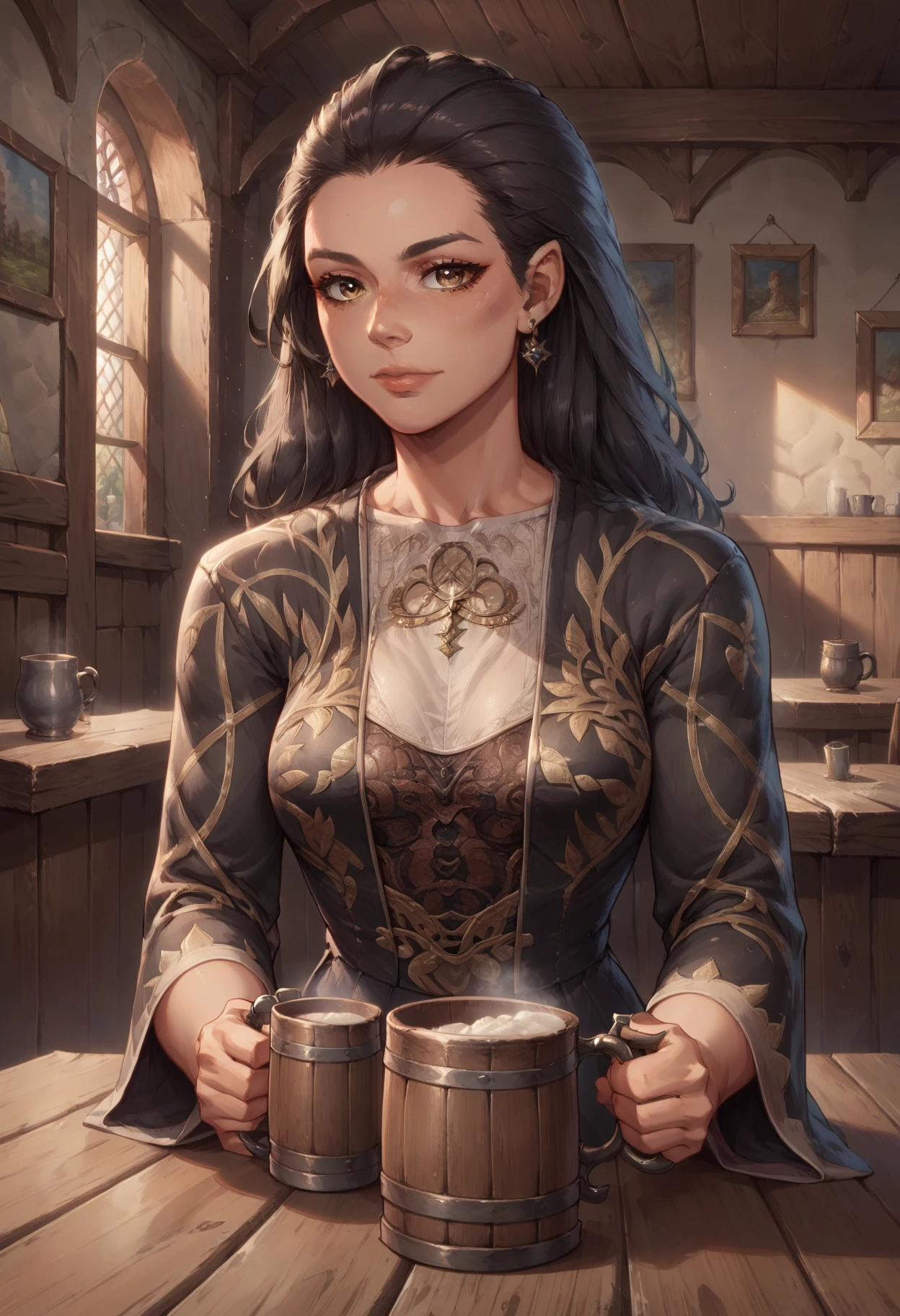 Role-playing game (RPG) style fantasy score_9, score_8_up, score_7_up, source_anime, 1girl,   mysra, black hair, brown eyes, sitting in a tavern, holding a mug of ale, breasts, masterpiece, digital painting, curvy, , ,
warm and fuzzy mood,  <lora:mystraPony:0.9>,  . Detailed, vibrant, immersive, reminiscent of high fantasy RPG games