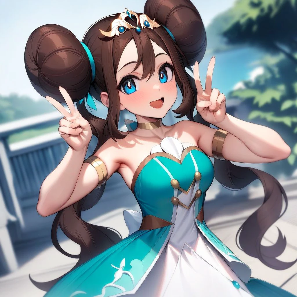 high quality, masterpiece, best quality, aesthetic, very aesthetic, solo, 1girl, brown hair, blue eyes, double bun, twintails, long hair, wavy hair, tiara, aqua dress, white dress, strapless, armlet, v, double v, smile, open mouth, outdoors