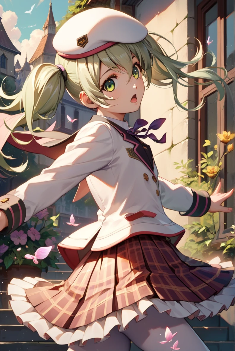 score_9, score_8_up, score_7_up, very aesthetic, source_anime, detailed, high quality, beautiful, masterpiece, detailed eyes,
village,
<lora:lightXL:0.8>
cowboy shot, upper body,
flat chest,
from behind, looking back, open mouth, creature, purple randoseru, jumping,
<lora:elizeX1_autismConfetti_v02:1> elize lutus, school uniform, white beret, twintails, light green hair, green eyes, white blazer, pleated skirt, plaid skirt, lace, white tights,, zPDXL
