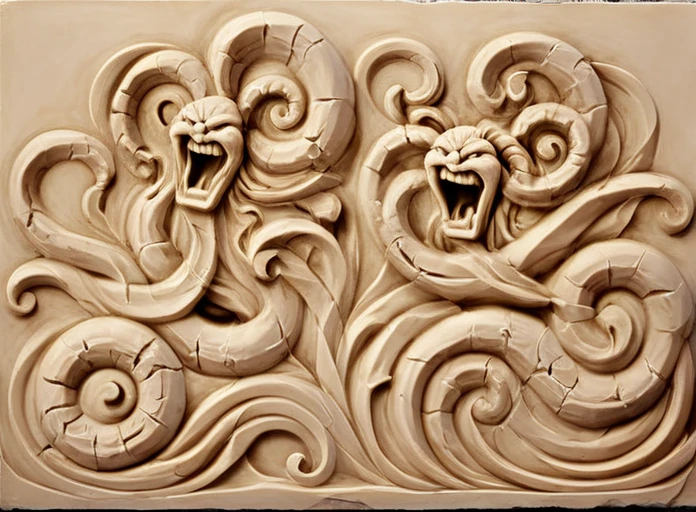 Bas-relief of a hydra and a boat in stormy sea, <lora:Bas-relief-000004:1>