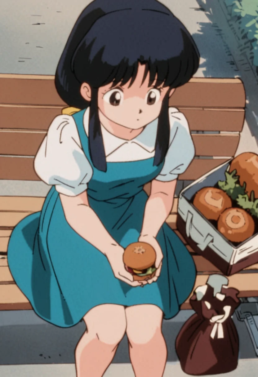 1girl, solo, retro artstyle, tendoakane,furinkanuniform,white shirt, puffy sleeves, short sleeves, dress, puffy short sleeves, blue dress, long hair, sidelocks, sitting, bag, food, bench, from above,<lora:akane tendo_xl_v2:0.7>,