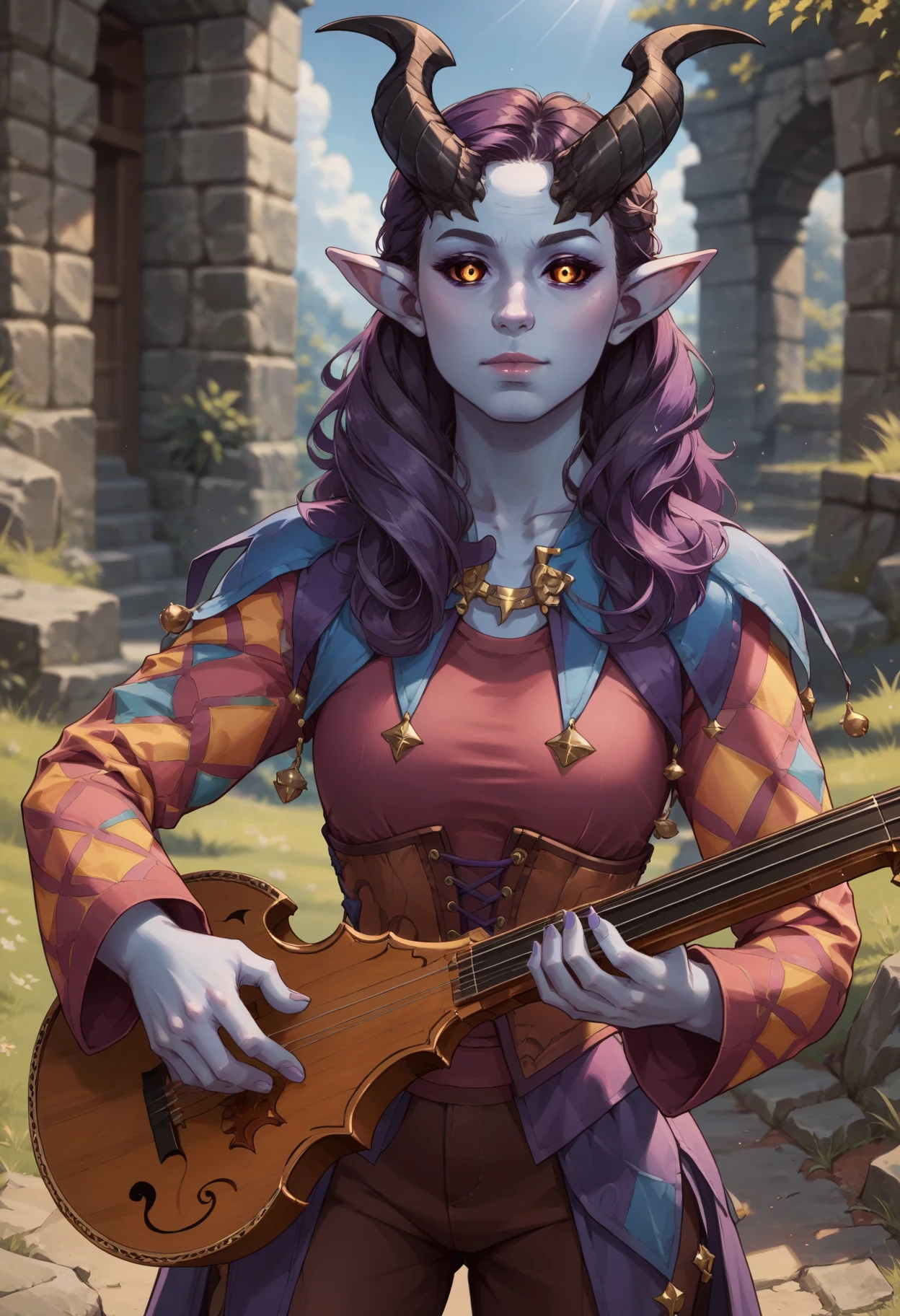 score_9, score_8_up, score_7_up, source_anime, BREAK, <lora:alfiraPony:1.0> alfira, alfiraOutfit, colored sclera, playing music, holding lute,