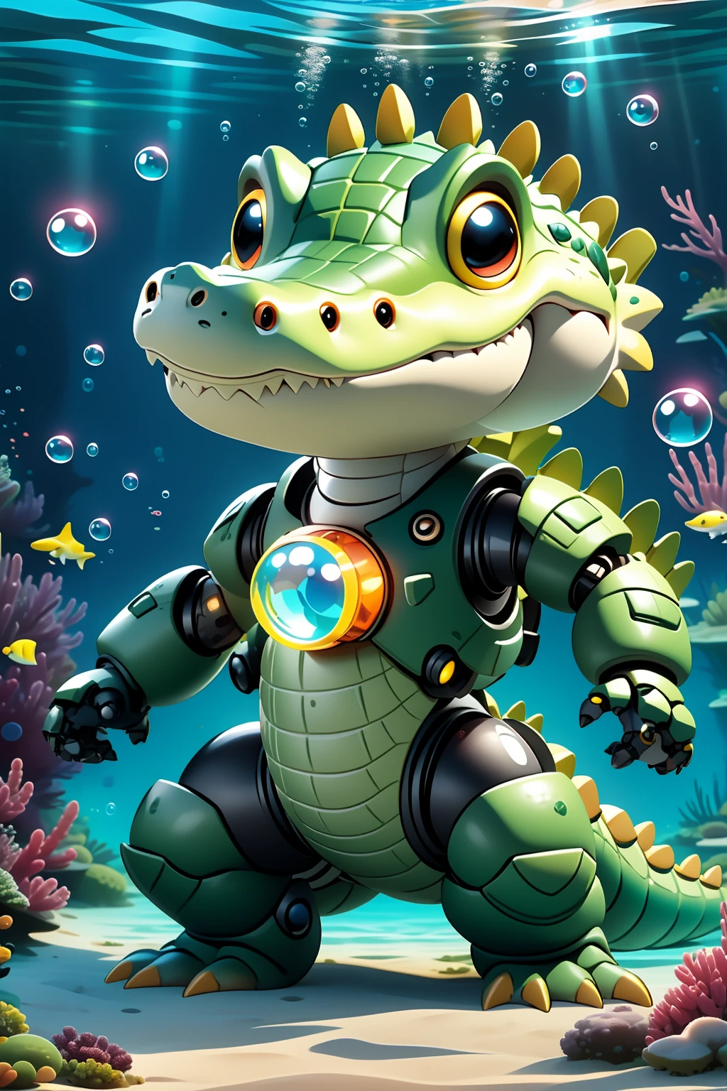 masterpiece,best quality,robotzoo, crocodile mecha, cute, standing, glowing, looking at viewer, solo, full body ,underwater, Bubble,   <lora:robotzoo_v1.4:0.85>