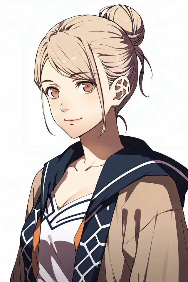 score_7_up, 1girl, kind_smile, beige hair, hair_intakes, single_hair_bun, beige eyes , <lora:Kurahana_Chinatsu_PonyXL_style_v01:1>