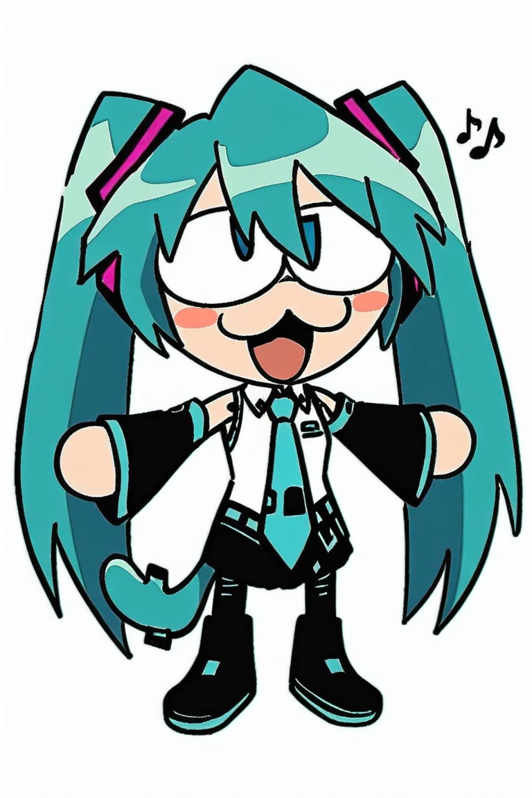 neco-arc, chibi, :3, tail,full body,(masterpiece),(best quality),1girl, hatsune miku, twintails, necktie, solo, skirt, shirt, aqua hair, black skirt, aqua eyes, detached sleeves, long hair, sleeveless, white shirt, open mouth, white background, aqua necktie, black sleeves, sleeveless shirt, outstretched arms, very long hair, blush stickers, pleated skirt, hair ornament, miniskirt, bare shoulders, musical note