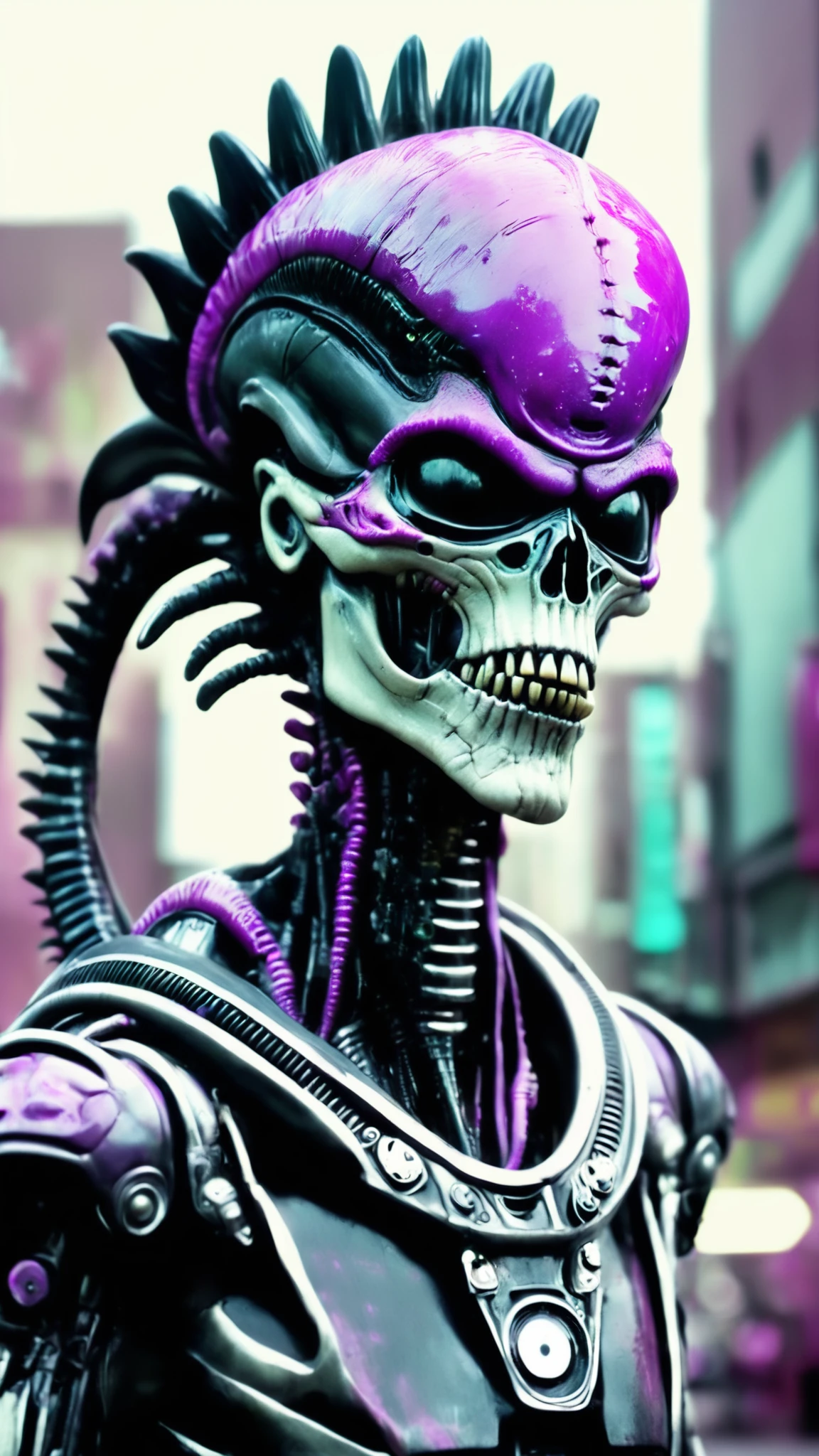 alien god , a person with a face painted with a skull and a mohawk robotic , neonpunk style . cyberpunk, vaporwave, neon, vibes, vibrant, stunningly beautiful, crisp, detailed, sleek, ultramodern, magenta highlights, dark purple shadows, high contrast, cinematic, ultra detailed, intricate, professional, cinematic film stil . shallow depth of field, vignette, highly detailed, high budget Hollywood movie, bokeh, cinemascope, moody, epic, gorgeous, film grain, grainy, horror movie xenomorph screaming by Diane Arbus taken by Joshua Hoffine taken by Rick Jones<lora:Alien_God_V3:1><lora:Alien_God_V3:1>