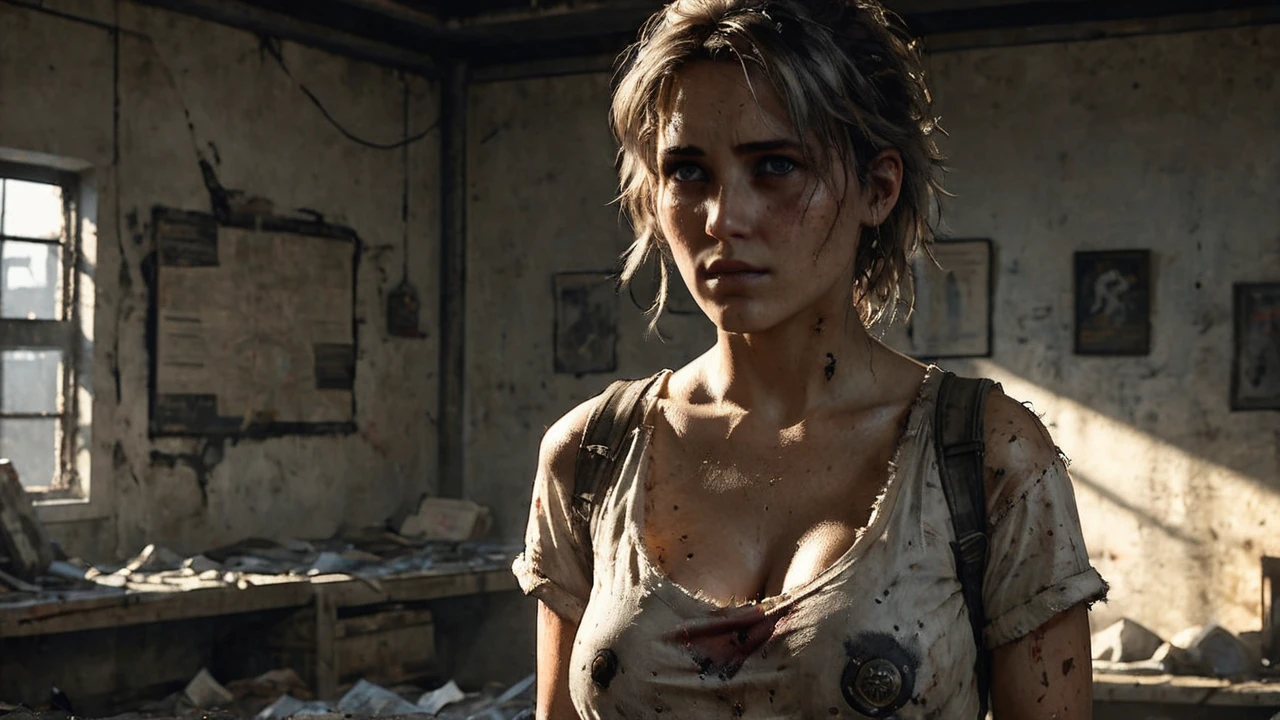 an illustrated award-winning upper body portrait of a young female, Human, Survivor, Alive, dirty and gritty, post-apocalyptic, ultra realistic Environmental, nsfw, medium breasts, toned body, ripped shirt, white shirt, messy hair, perfect face, ray tracing, realistic, depth of field, subsurface scattering, cleavage, highly detailed, harsh lighting, cinematic lighting, detailed skin, detailed eyes, Brown detailed hair, masterpiece, best quality, ultra-detailed, high res, realistic lighting, 