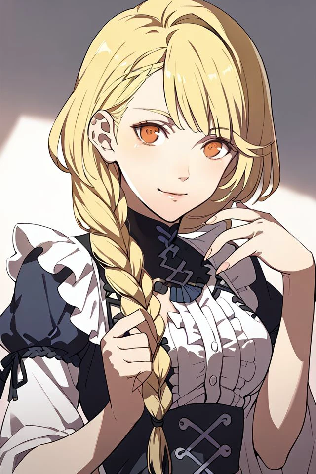score_7_up, 1girl, naughty_smile, yellow hair, fringed_bangs, side_braid, orange eyes , <lora:Kurahana_Chinatsu_PonyXL_style_v01:1>