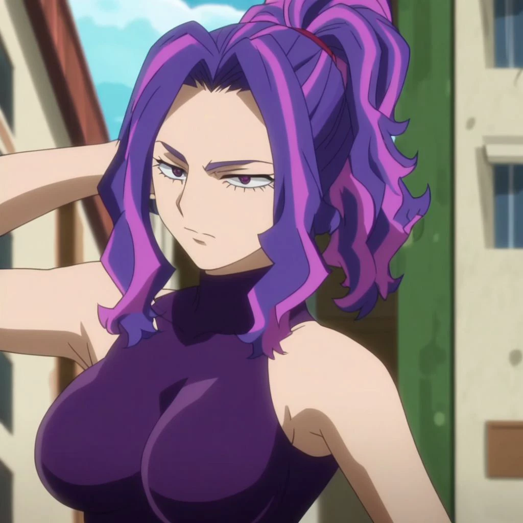 anime screencap,anime coloring,uncensored,  1girl, solo, (ponytail:1.2),  mature female,  lady nagant, purple hair, pink hair,  purple eyes, vivid color, indoor