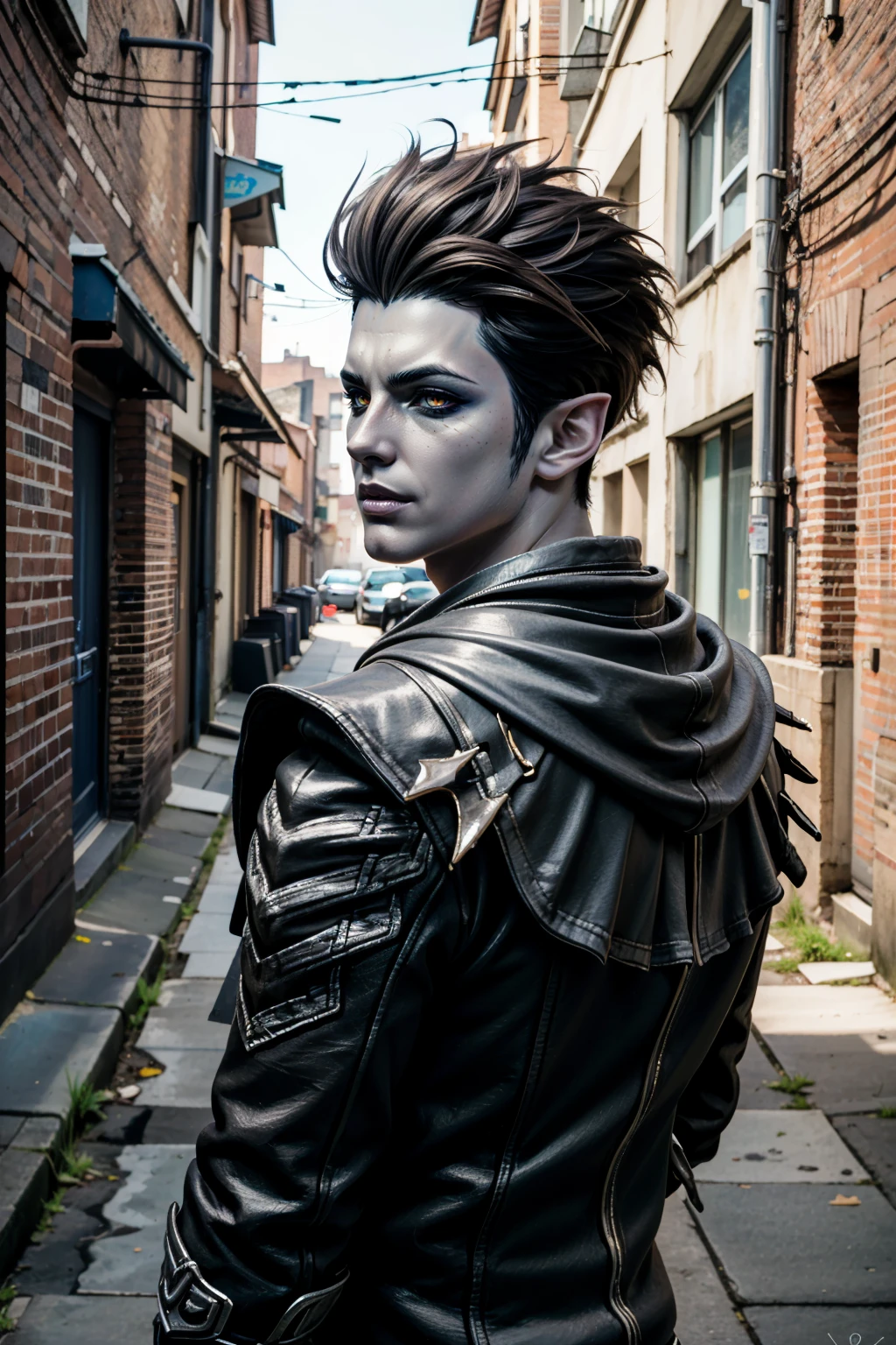 ((ultra detailed, masterpiece, absurdres))
<lora:LAKharmine:0.8>
LAKharmine, 1boy, short hair, brown hair, pointy ears, colored skin, colored sclera, Gritty urban shoot in a back alley, model surrounded by urban decay