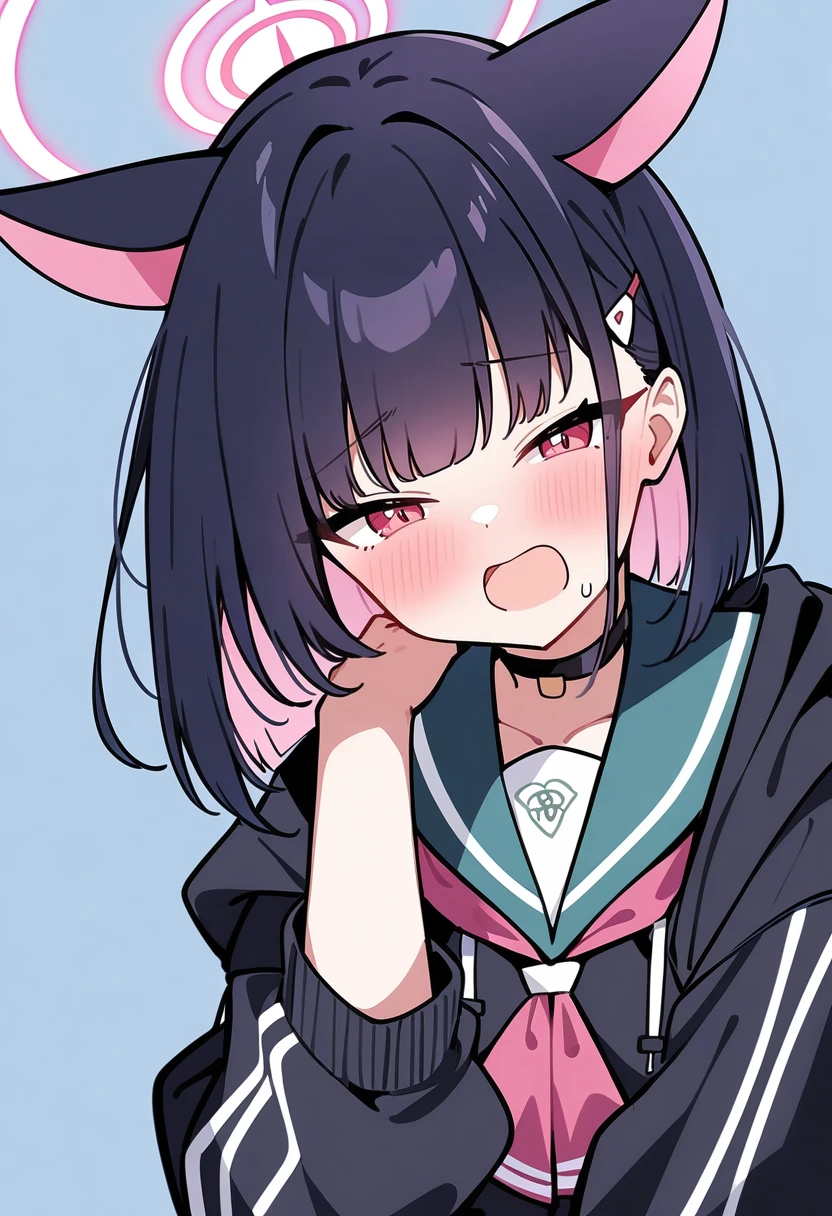 1girl, solo, kazusa \(blue archive\), blue archive,
blush, hand on own shoulder, looking at viewer, open mouth, simple background,
masterpiece, best quality, very aesthetic, absurdres,